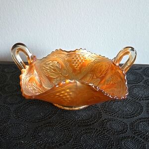 Shop Closing Vintage pressed marigold carnival glass flower pattern candy dish